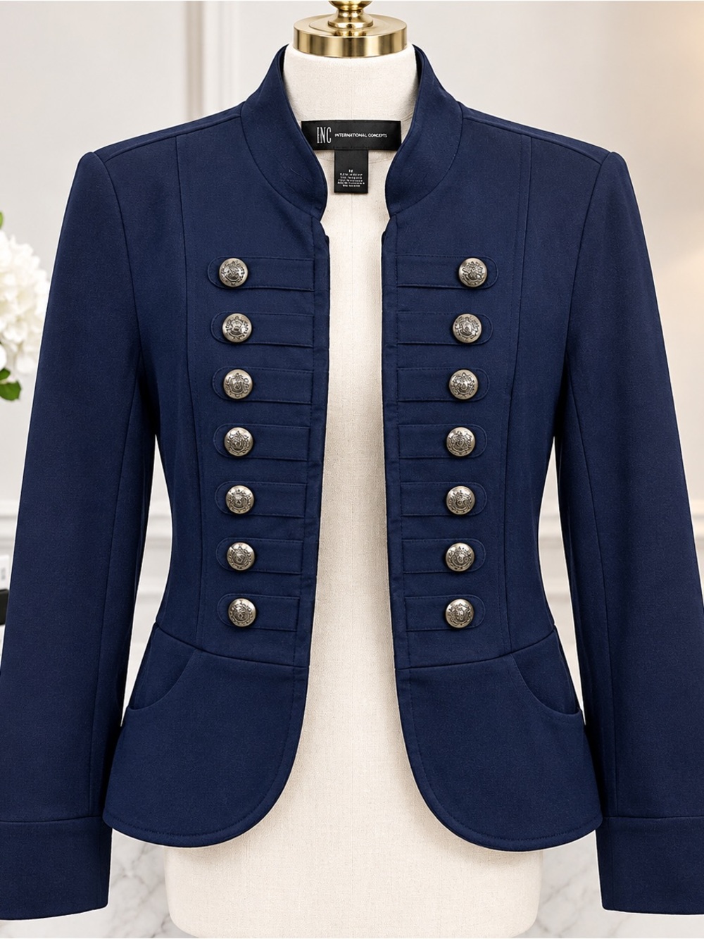 INC International Concepts Navy Military-Style Double-Button Blazer
